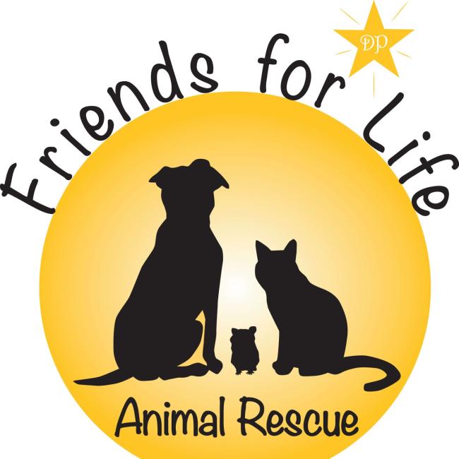 Friends for Life Animal Rescue (Paramus, New Jersey) logo yellow circle with bright spot in middle black silhouette of dog, cat and small animal layered on top black lettering curved on top and across bottom