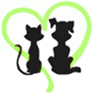 Friends of Animals in Nassau (Fernandina Beach, Florida) logo of black silhouettes of cat and dog facing outline of green heart