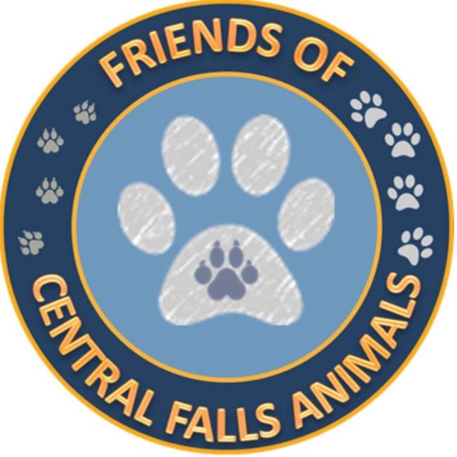 Friends of Central Falls Animals, (Central Falls, Rhode Island), logo of dark grey pawprint inside light grey pawprint inside light blue circle with dark blue rim and yellow text