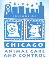 Friends of Chicago Animal Care and Control (Chicago, Illinois) logo has a dog and a cat in squares under the cityscape