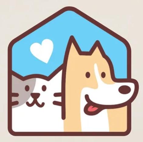 Friends of Coos County Animals, Inc., (Coos Bay, Oregon), logo drawing of white and grey cat and tan and white dog inside brown house outline with blue sky and white heart as background