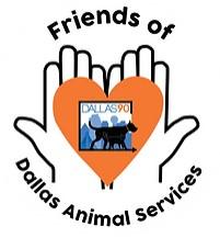Friends of Dallas Animal Services, (Dallas, Texas), logo black dog and cat in front of blue high-rise buildings inside orange heart held by two hands with black text