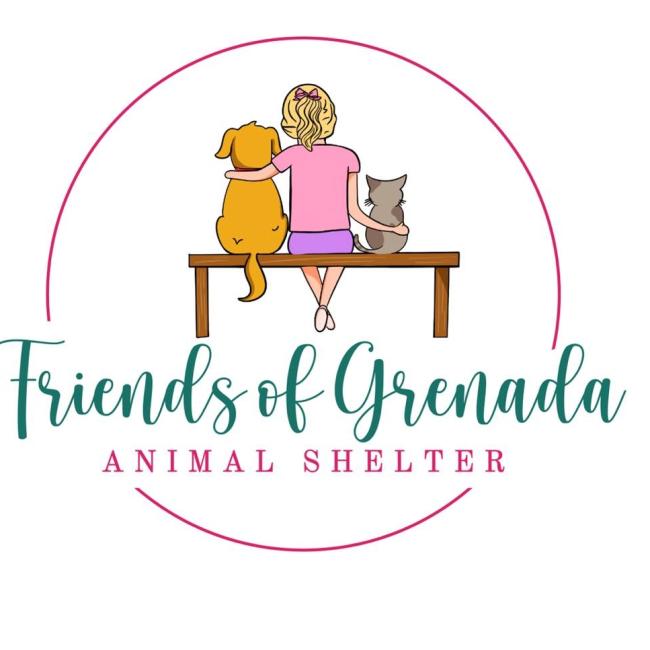 Friends of Grenada Animal Shelter, (Grenada, Mississippi), logo drawing of back of a girl sitting on a bench with her arms around a dog and a cat above green and pink text