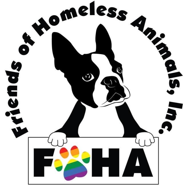 Friends of Homeless Animals, Inc., (Portsmouth, Rhode Island), logo drawing of Boston Terrier leaning on sign with black letters and multi-colored pawprint, surrounded by black text
