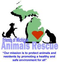 Friends of Michigan Animals Rescue (Belleville, Michigan) logo of a dog & cat on each side of Michigan state with a heart inside