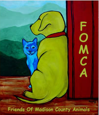 Friends of Madison County Animals (Marshall, North Carolina) logo has a dog and cat on a deck overlooking the mountains