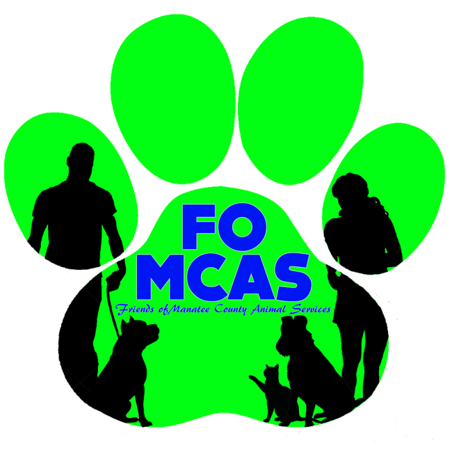 Friends of Manatee County Animal Services, (Holmes Beach, Florida), logo green paw with 2 dogs, 1 cat , 2 people silhouette black with blue text