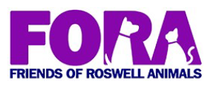 Friends of Roswell Animals (Roswell, New Mexico) logo large purple acronym letters white dog silhouette inside the letter R white cat silhouette inside the letter A navy blue small lettering across the bottom
