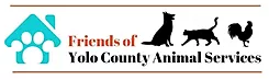 Friends of Yolo County Animal Services (Woodland, California) logo with teal house with paw print and cat, dog, chicken outlines
