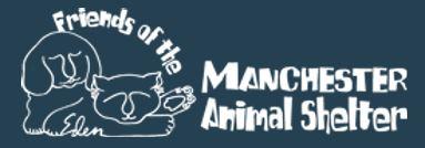 Friends of the Manchester Shelter, (Manchester, New Hampshire) logo dog and cat in blue and white outline with white text