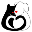 Furry Friends Adoption & Clinic (Jupiter, Florida) logo black cat & white dog cuddled together with their tails forming a heart