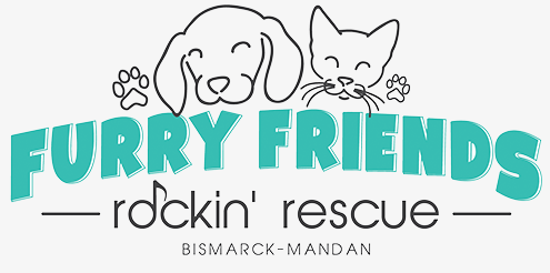 Furry Friends Rockin Rescue (Bismarck, North Dakota) logo drawn sketch dog and cat faces over teal lettering