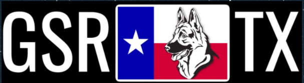 German Shepherd Rescue of Texas (Waxahachie, Texas) logo is dog inside of Texas flag with text on both sides