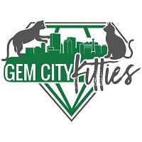 Gem City Kitties (Dayton, Ohio) logo is the name under the cityscape in a green diamond with a grey cat on each side