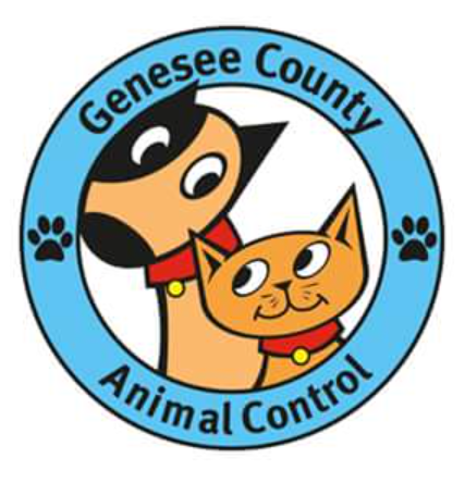 Genesee County Animal Control (Flint, Michigan) logo is brown and black dog and brown cat wearing red collars inside blue ring