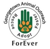 Georgetown Animal Outreach, (Georgetown, Texas), logo orange pawprint inside green handprint in brown circle with brown text