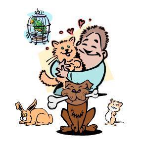 Gloucester County Animal Shelter, (Clayton, New Jersey), cartoon drawing of man holding cat with rabbit, dog and hamster by his feet and bird in a cage in background