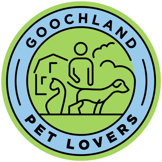 Goochland Pet Lovers (Oilville, Virginia) logo bright avocado green circle layered with two black inner circles filled with black lettering and brigh light blue backdrop layered with outline drawing of person, cat & dog in front of drawn home bright avocado green back drop