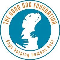 The Good Dog Foundation (Hudson, New York) | logo of blue circle, white dog, hugging hands, The Good Dog Foundation