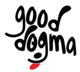Good Dogma, (Midwest City, Oklahoma), logo black text with letters "o" and "g" turned into outline of dog with red tongue sticking ou