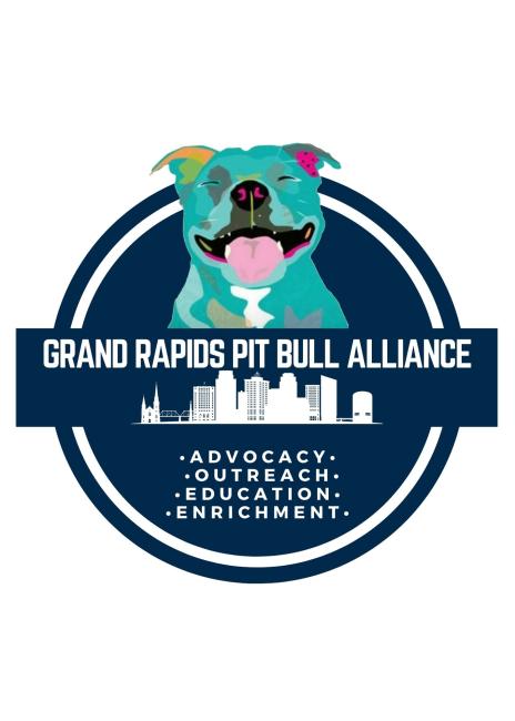 Grand Rapids Pit Bull Alliance (Grand Rapids, Michigan) logo two navy blue circles inside each other small white line for separation white lettering drawn happy smiling pit bull in paint colors of mostly aqua with patches of brown white and grey pink tongue