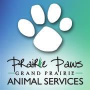 Grand Prairie Animal Services (Grand Prairie, Texas) logo with blue and green background with white paw print 
