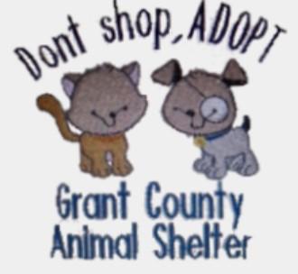 Grant County Animal Shelter, (Williamstown, Kentucky), logo of grey kitten and grey puppy with eye patch black and blue text