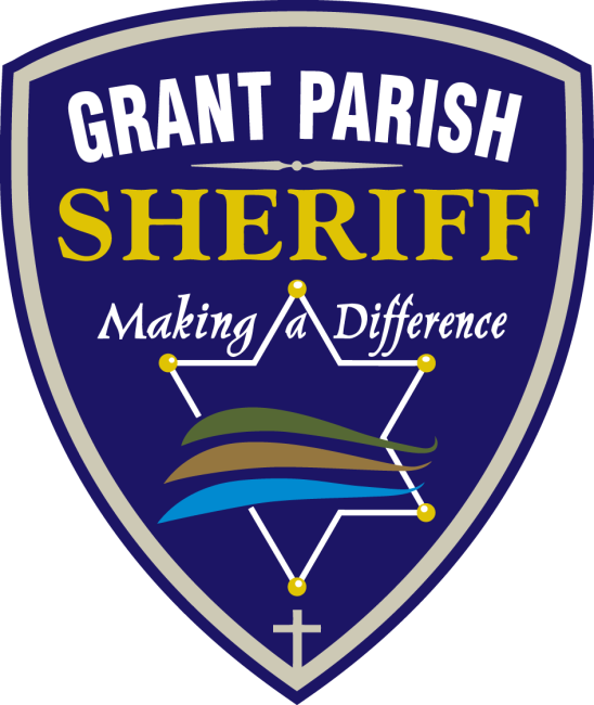 Grant Parish Sheriff's Office, (Colfax, Louisiana), logo blue badge with silver and blue rim around white and gold text above white outline of a star with three waves flowing across in green, tan and blue and small silver cross at the bottom