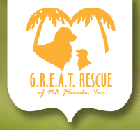 G.R.E.A.T. of NE Florida (Jacksonville, Florida) logo in yellow, their name with 2 dogs & 2 palm trees in the shape of a heart