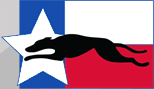 Greyhound Adoption League of Texas (Dallas, Texas) logo is a black greyhound running on a red, blue & white flag with a star