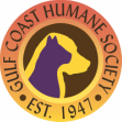 Gulf Coast Humane Society (Fort Myers, Florida) logo yellow/orange circle with a purple cat head inside a yellow dog's head