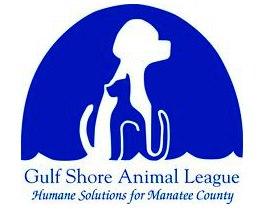 Gulf Shore Animal League (Bradenton, Florida) logo with blue ellipse with a white dog inside and blue cat inside the dog