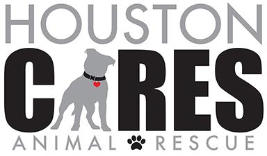 Houston Cares Family Rescue (Houston, Texas) | logo of grey dog, black and red collar, paw print, Houston Cares Family Rescue