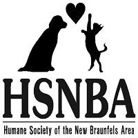 Humane Society of New Braunfels Area (New Braunfels, Texas) logo is a sitting dog facing a cat jumping up to paw a heart