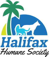 Halifax Humane Society (Daytona Beach, Florida) logo is blue containing a palm tree and sunset with a dog and cat