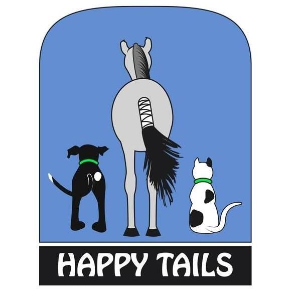 Happy Tails Animal Sanctuary, (Woodstock, Illinois), logo horse dog and cat from behind on blue background above white one black text
