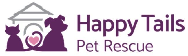 Happy Tails Pet Rescue, (Hudson, New Hampshire), logo with purple silhouette of cat & dog with tails meeting to form pink heart in front of silver house with purple text