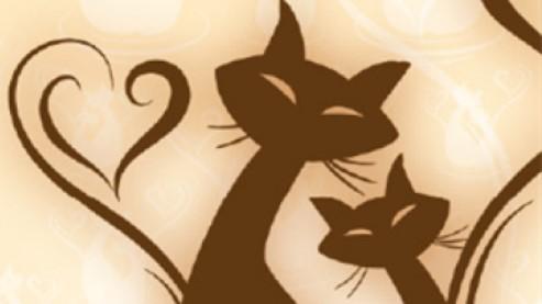 Happy Tales Ranch and Rescue, (Colfax, Iowa), two brown cats with tail forming a heart on terracotta background