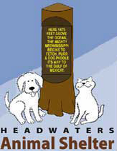 Headwaters Animal Shelter (Park Rapids, Minnesota) logo has a dog and cat on each side of a tree trunk with a slogan on it