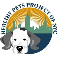 Healthy Pets Project of NYC (New York, New York) logo has a dog head in front of the New York skyline with sun rays behind it
