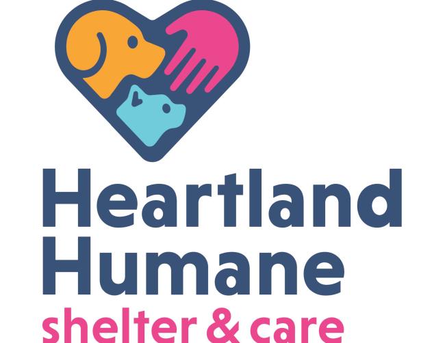 Heartland Humane Society (Corvallis, Oregon) logo greyish blue heart with drawn orange profile of dog drawn aqua profile of cat and hot pink drawn hand letters below of greyish blue and hot pink
