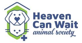 Heaven Can Wait Animal Society, (Las Vegas, Nevada), logo blue outline of dog and cat head in front of green background and under blue roof with blue text