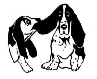 Helping Hands Basset Rescue, (Round Rock, Texas), logo drawing of two black bassets with one pulling the other by the ear