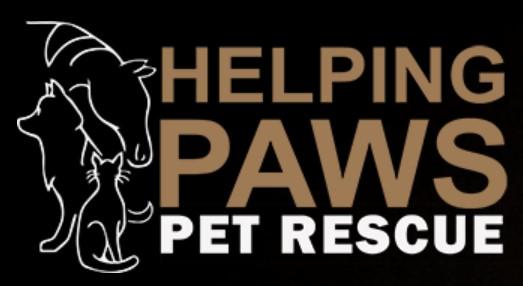 Helping PAWS Pet Rescue, Inc., (Washburn, Wisconsin), logo white outline of horse, dog and cat on black background with bronze and white text