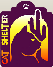 Hermitage No-Kill Cat Shelter (Tucson, Arizona) logo of cat, cactus, sunlight, cat shelter