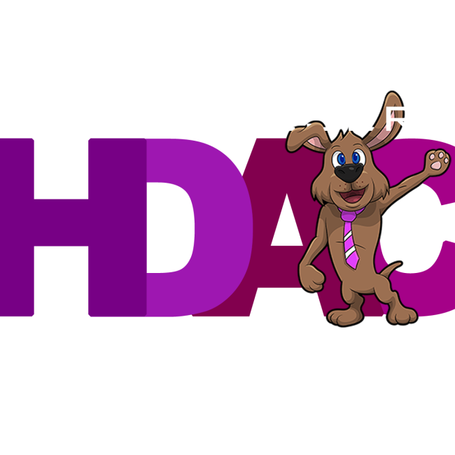 High Desert Animal Coalition, (Oak Hills, California), logo purple letters brown cartoon dog