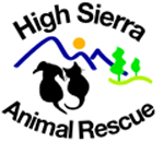 High Sierra Animal Rescue (Portola, California) logo of drawing of mountains, sun, trees with dog & cat