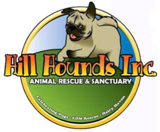 Hill Hounds Rescue & Animal Sanctuary, Inc, (Denton, Maryland), logo drawing of a pug on green grass in front of blue sky with yellow and white text