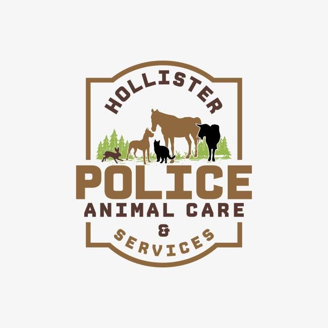 Hollister Animal Shelter (Hollister, California) logo brown silhouette of a dog, horse and rabbit, black silhouette or a cat and a cow surrounded by lettering in various shades of brown