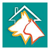 Homeless Pets Foundation (Marietta, Georgia) logo has outlines of a dog head and cat head in front of a house